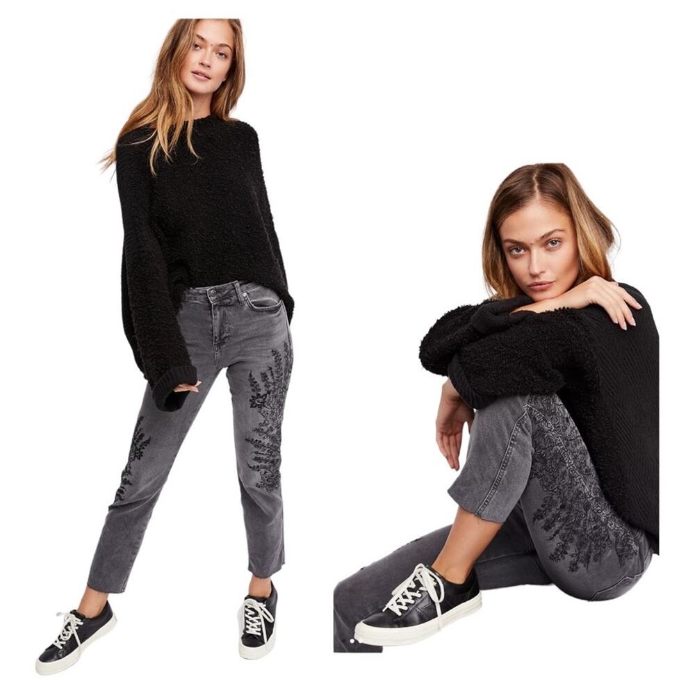 Free People Black Charcoal Denim Floral Embroidered Girlfriend Straight Jeans